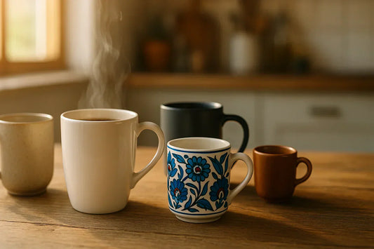 Assorted ceramic mugs—hand-painted Turkish and modern stoneware—on a wooden table with warm morning light and steam.