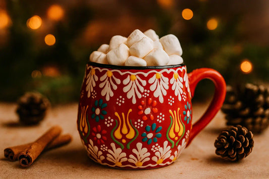Red ceramic Christmas mug with white floral patterns, filled with hot cocoa and marshmallows, placed on a wooden table with cinnamon sticks, pinecones, and blurred festive lights in the background.
