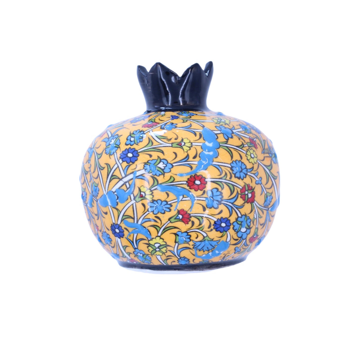 Decorative ceramic pomegranate-shaped vase with floral patterns on a light blue background