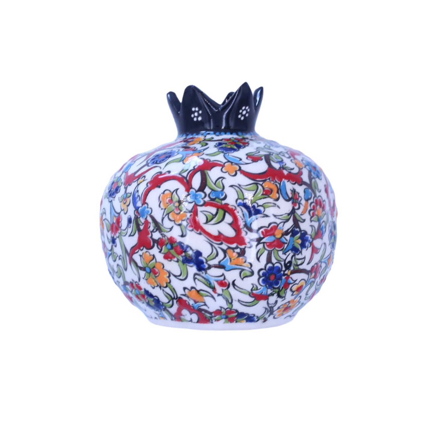 Decorative ceramic pomegranate with colorful patterns on a light blue background