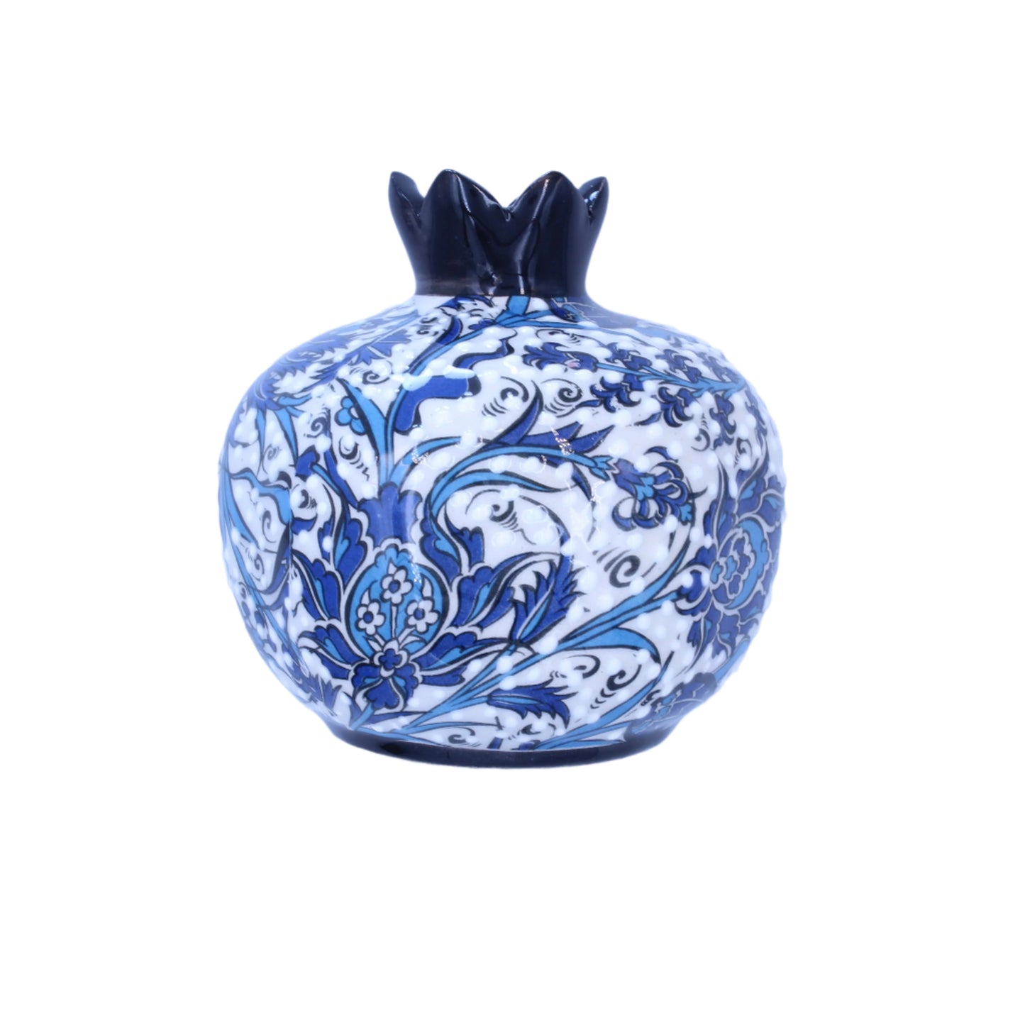 Decorative ceramic vase with blue floral patterns on a light purple background