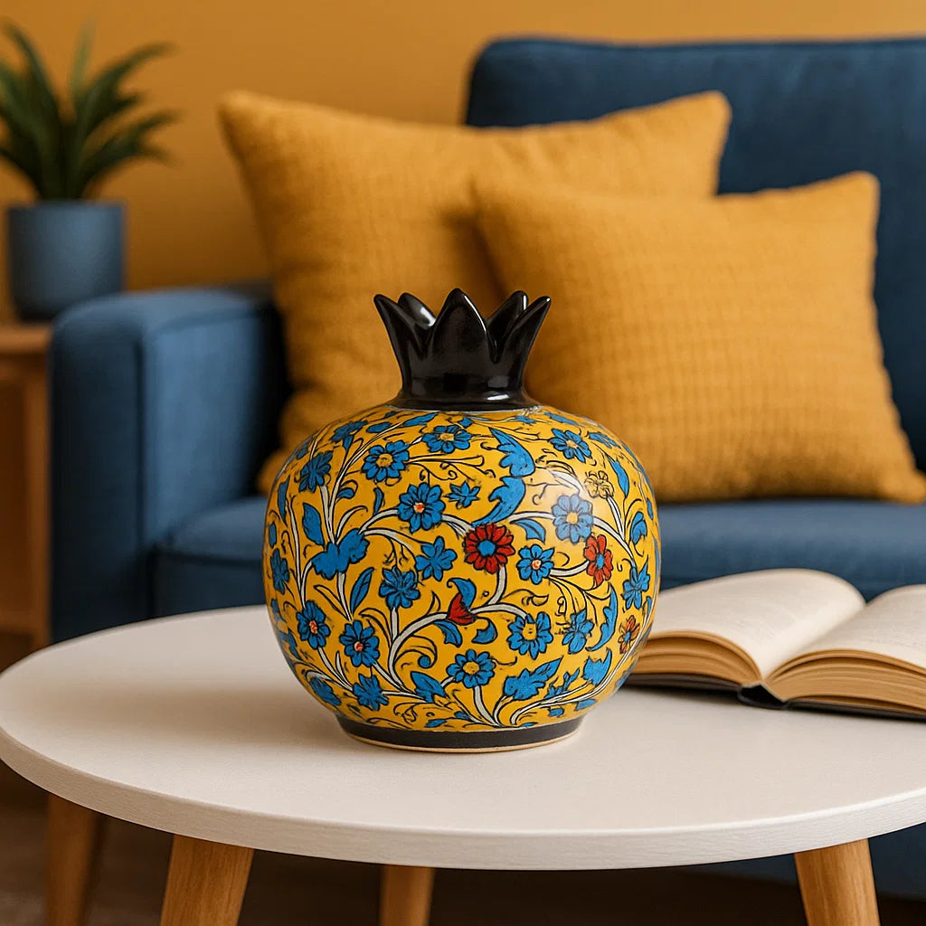 Decorative vase with floral patterns on a table in a living room setting