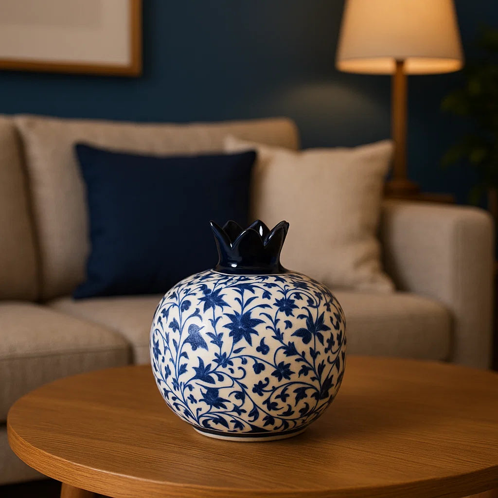 Blue and white patterned vase on a wooden table with a blurred living room background