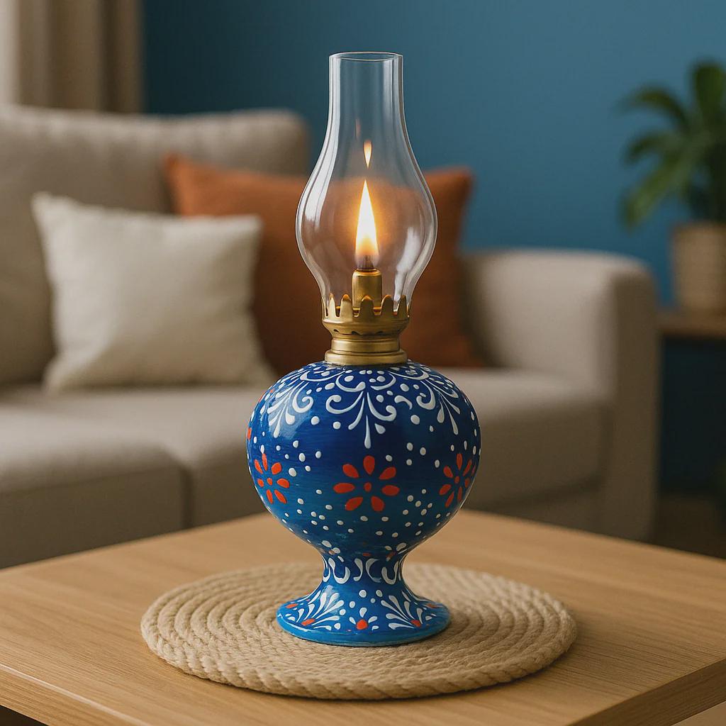 Hand-Painted Ceramic Ramadan Oil Lamp Traditional Decorative Lantern with Glass Chimney Perfect for Festive Home Decor Spiritual Ambiance