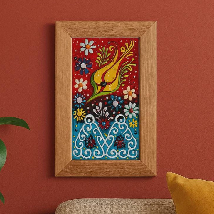 Colored Ceramic Wall Frame Tiles for Home Decor Antique Wood Frame Artistic Wall Hanging Unique Painted Art Decoration