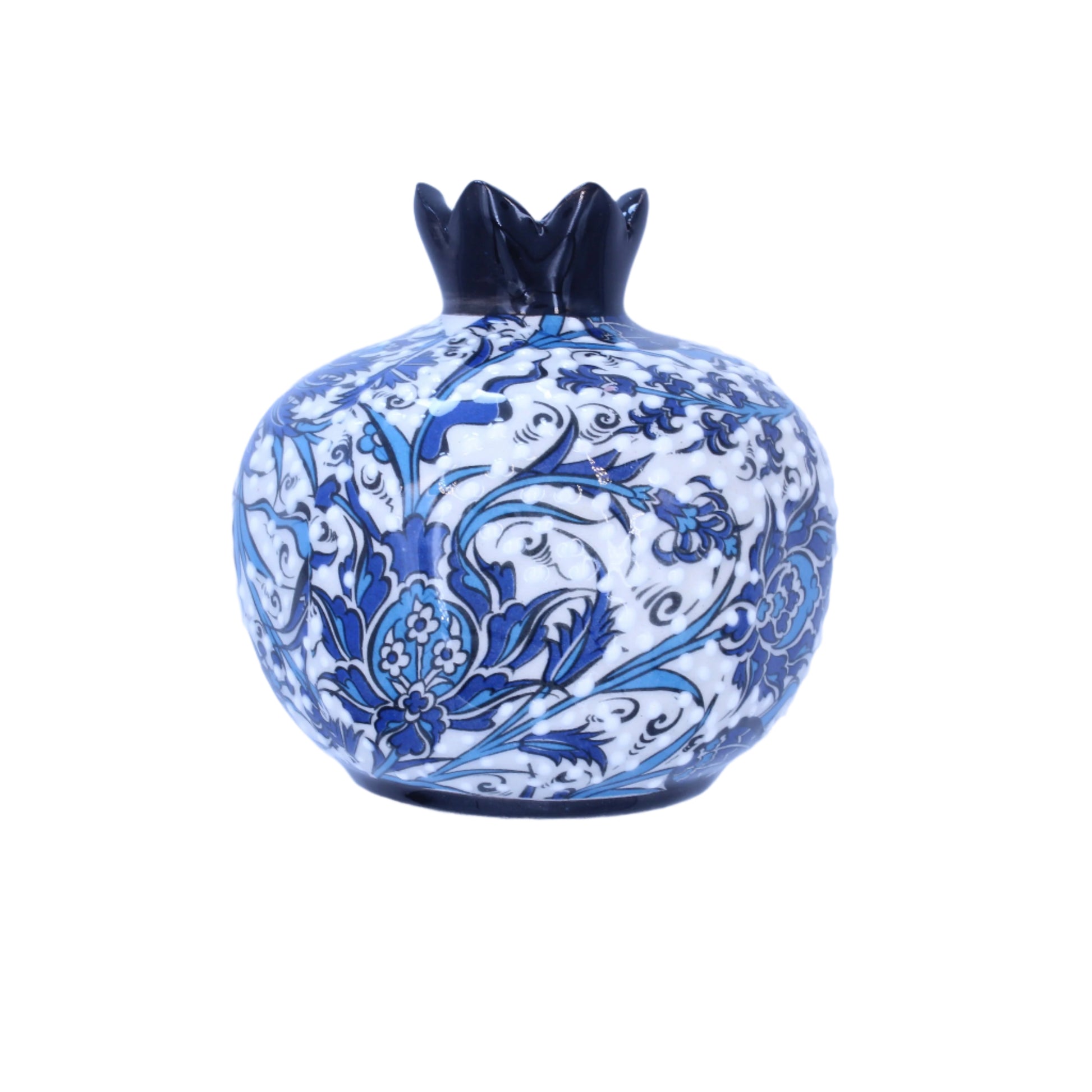 Decorative ceramic vase with blue floral patterns on a light purple background