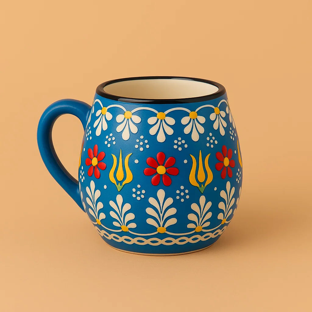 Blue mug with floral patterns on a beige background