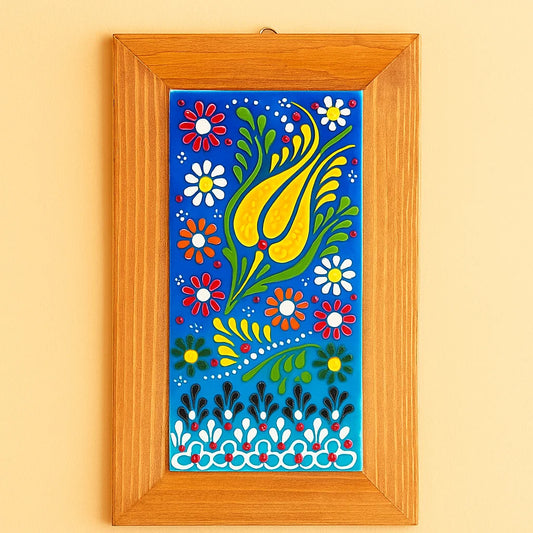 Sunlit Tulip Charm – Handcrafted Turkish Ceramic Wall Art in Wooden Frame