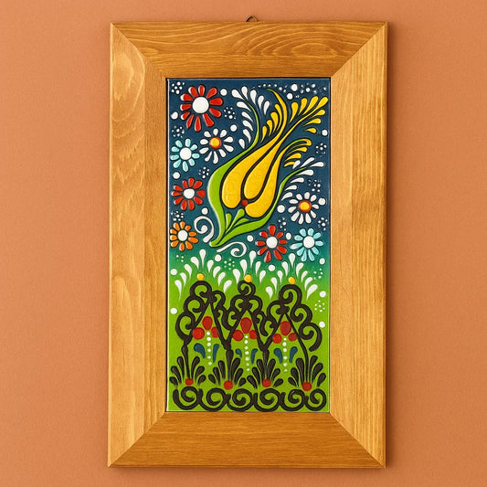Golden Tulip Bloom – Handcrafted Turkish Ceramic Wall Art in Wooden Frame