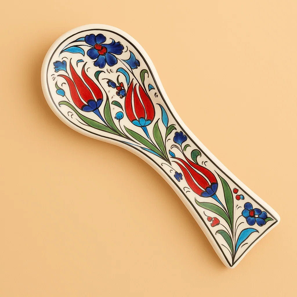 Decorative ceramic spoon rest with floral design on a beige background