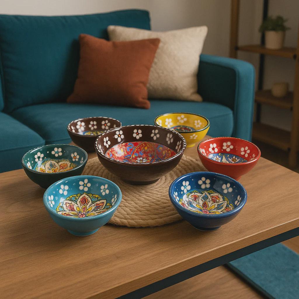 Set of 7 Hand-Painted Turkish Ceramic Bowls – Colorful Holiday Gift for Her, Decorative Snack Dishes with Floral Patterns Home Decor