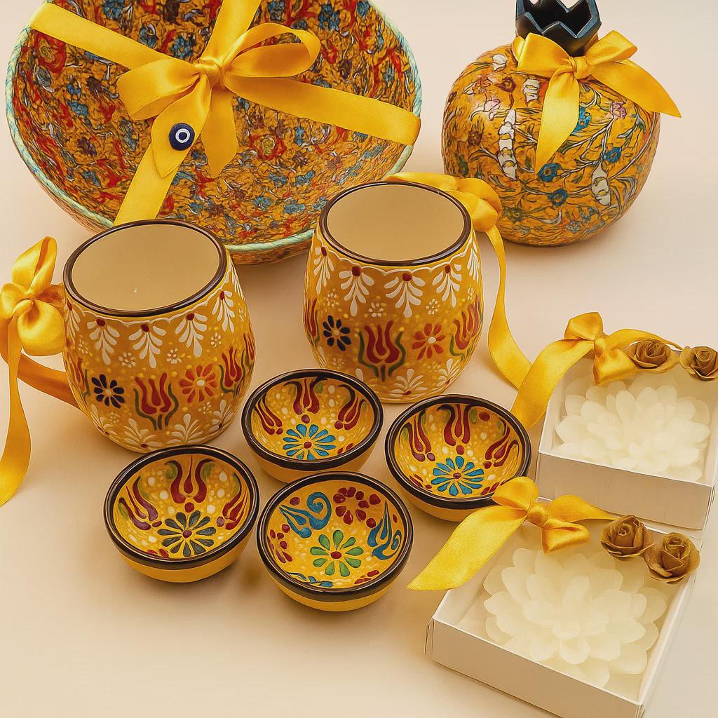 Turkish Ceramic Gift Box – Couple Set with Mugs, 8" Bowl & Candles | Handmade Anniversary or Wedding Gift