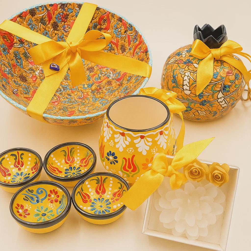 Turkish Ceramic Gift Box – Couple Set with Mugs, 8" Bowl & Candles | Handmade Anniversary or Wedding Gift