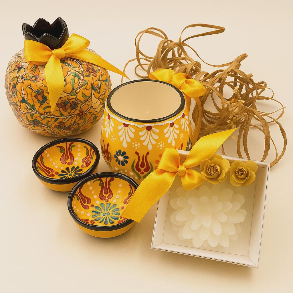 Turkish Ceramic Gift Box – Couple Set with Mugs, 8" Bowl & Candles | Handmade Anniversary or Wedding Gift